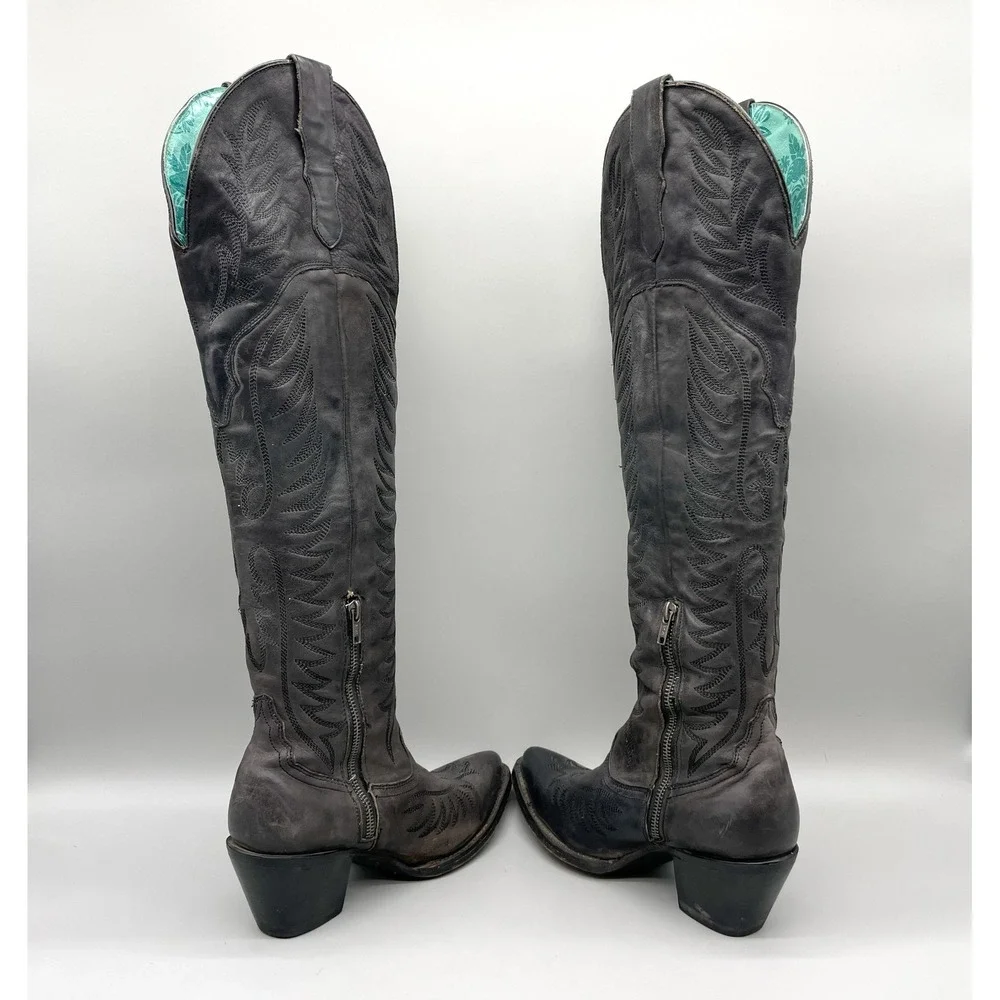 Corral Womens 7.5M Black Distressed Leather Over The Knee Tall Western Boot Goth